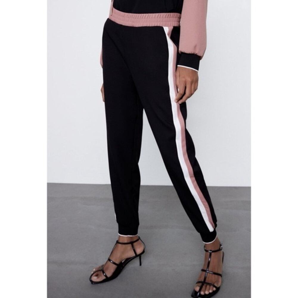 ZARA Tuxedo Striped Joggers High Waist Pants Athleisure Skate Active Black Pink